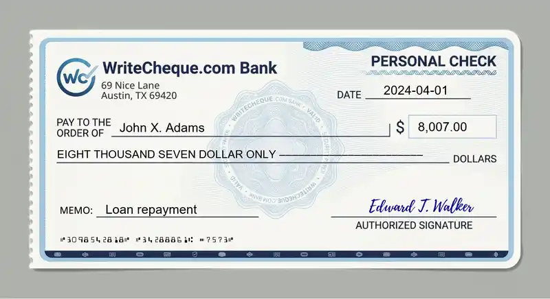 Cheque example for 8007