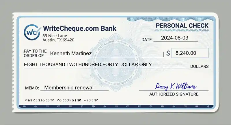 Cheque example for 8240