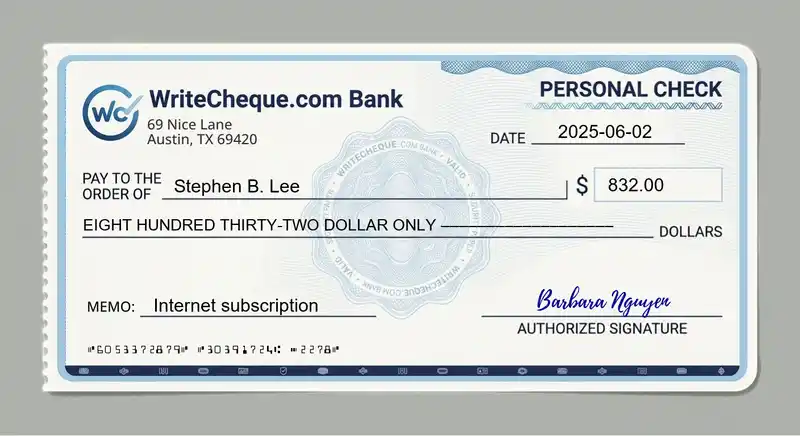 Cheque example for 832