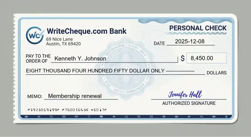 Cheque example for 8450