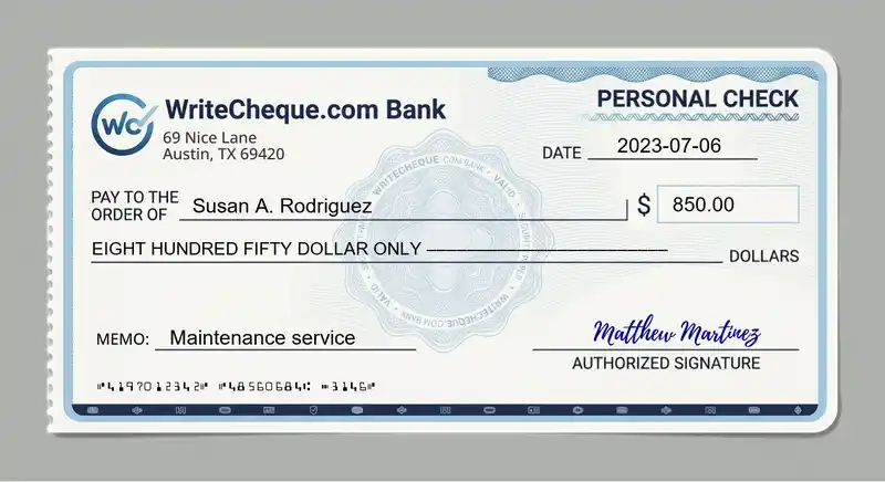 Cheque example for 850