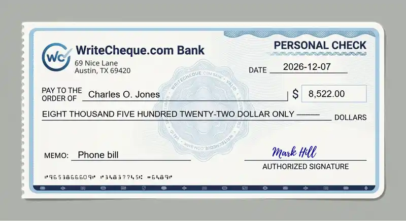 Cheque example for 8522