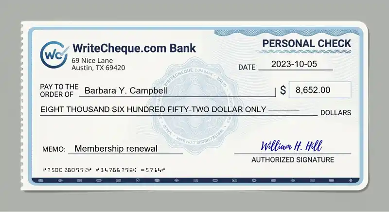 Cheque example for 8652