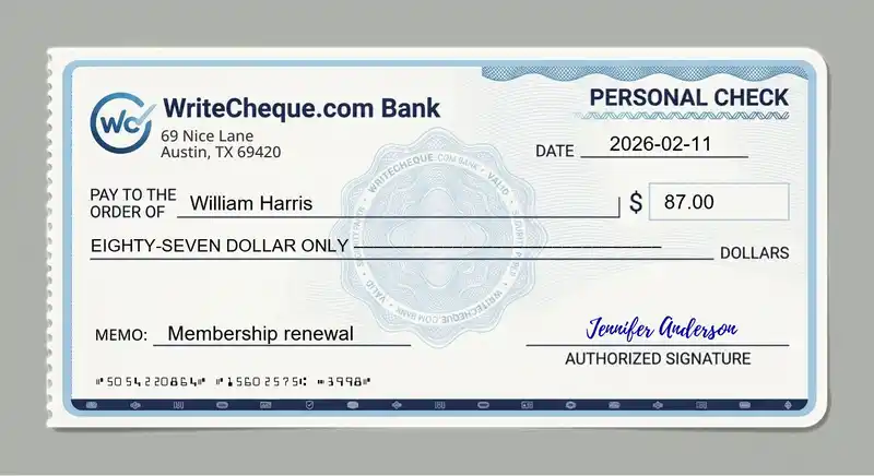 Cheque example for 87