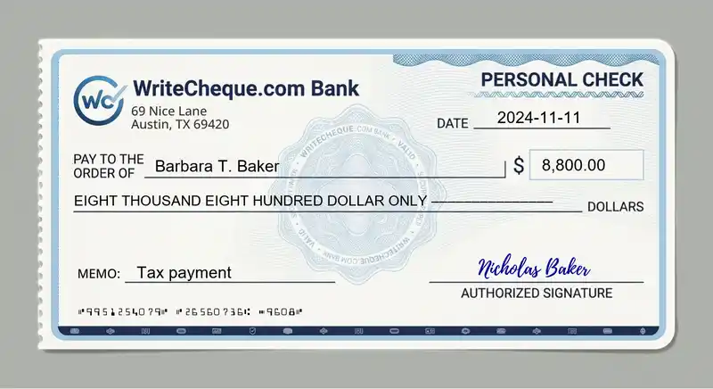Cheque example for 8800