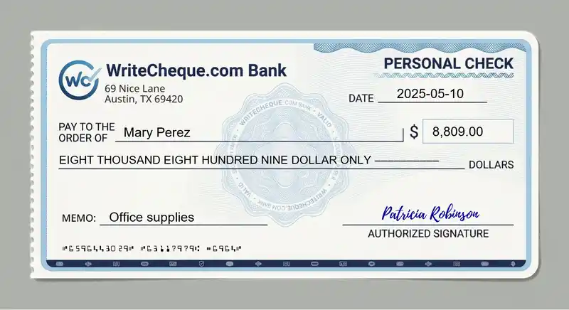 Cheque example for 8809