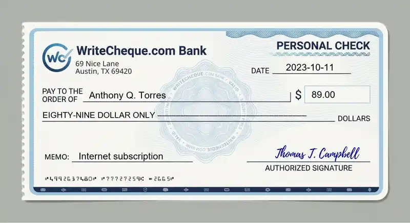 Cheque example for 89