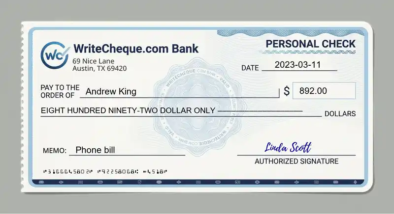Cheque example for 892