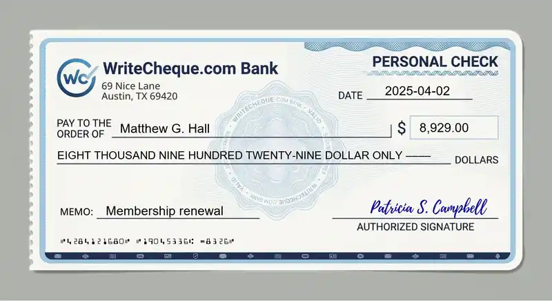 Cheque example for 8929