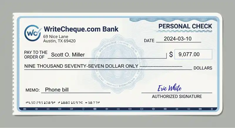 Cheque example for 9077