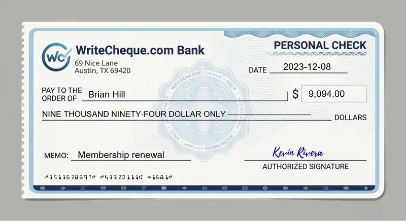 Cheque example for 9094