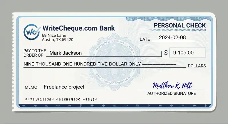 Cheque example for 9105