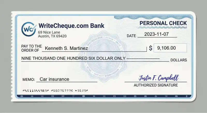 Cheque example for 9106