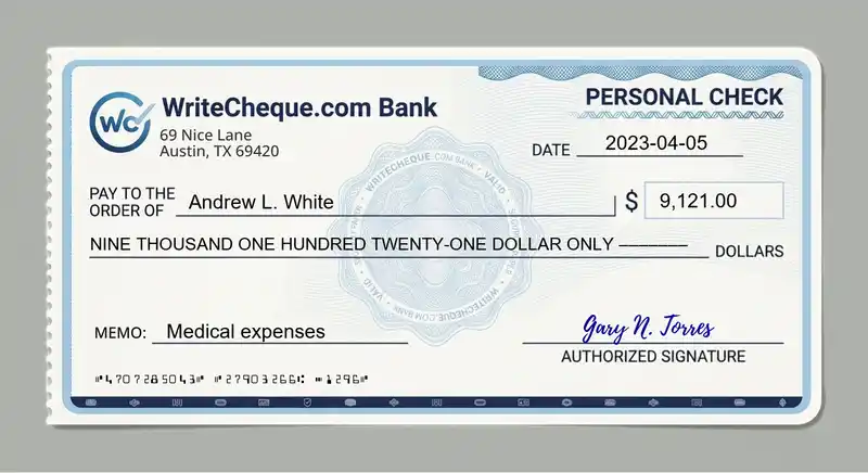 Cheque example for 9121