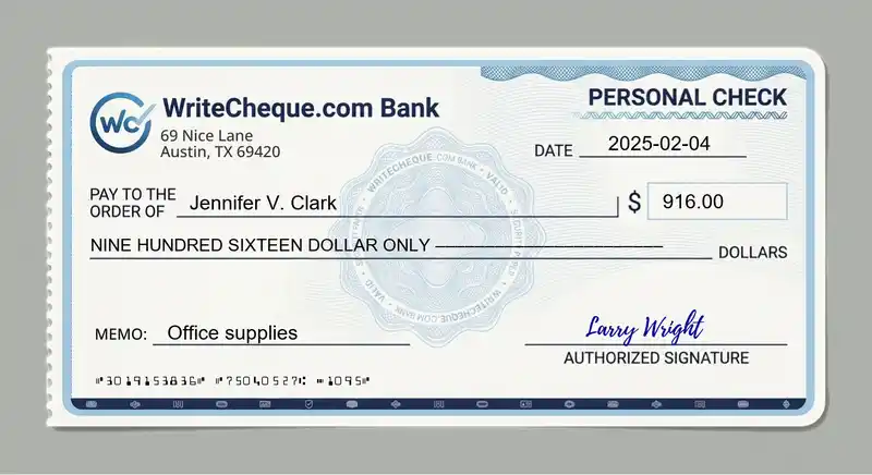 Cheque example for 916