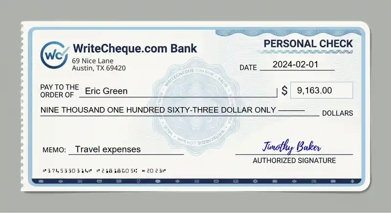 Cheque example for 9163