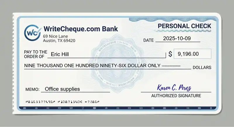 Cheque example for 9196