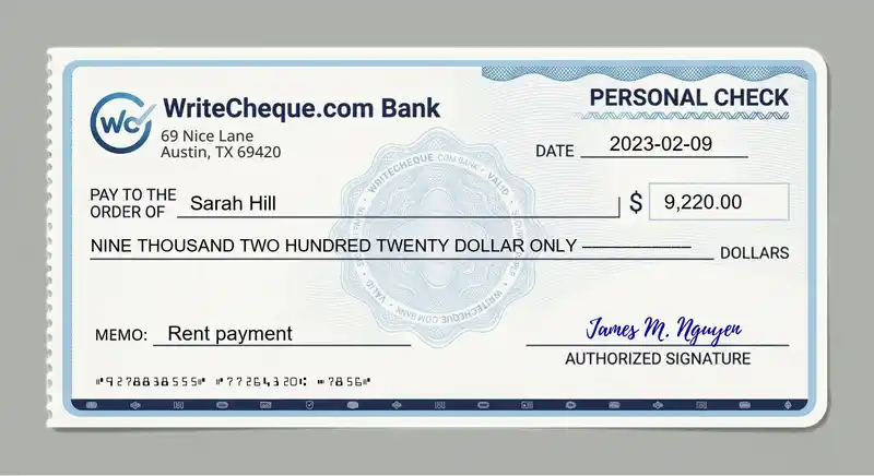 Cheque example for 9220