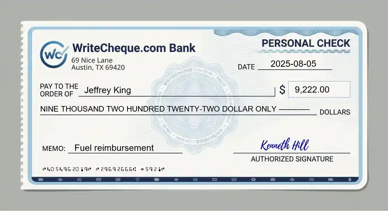 Cheque example for 9222
