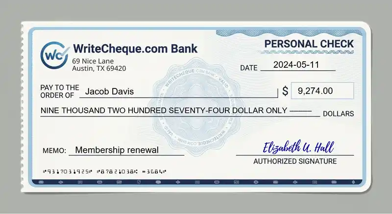 Cheque example for 9274
