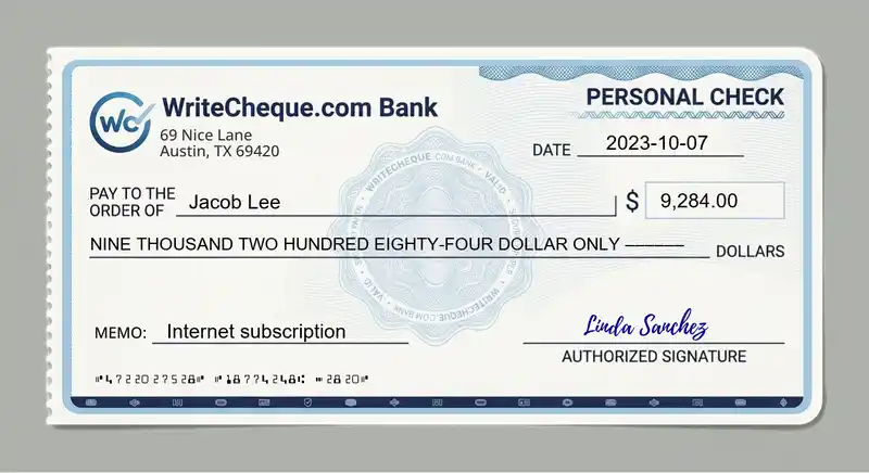 Cheque example for 9284