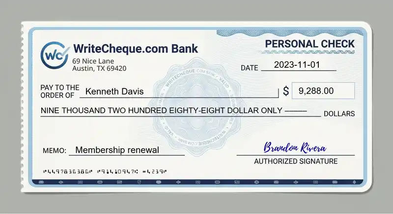 Cheque example for 9288
