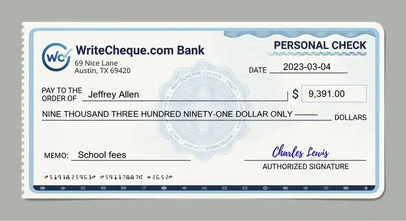Cheque example for 9391