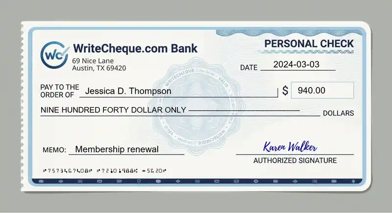 Cheque example for 940