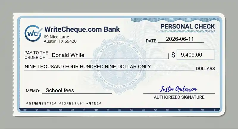 Cheque example for 9409