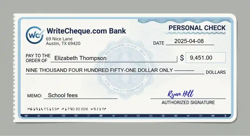 Cheque example for 9451