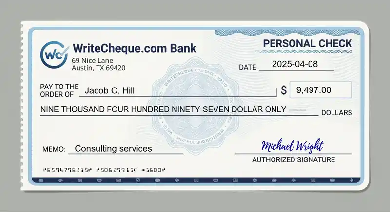 Cheque example for 9497