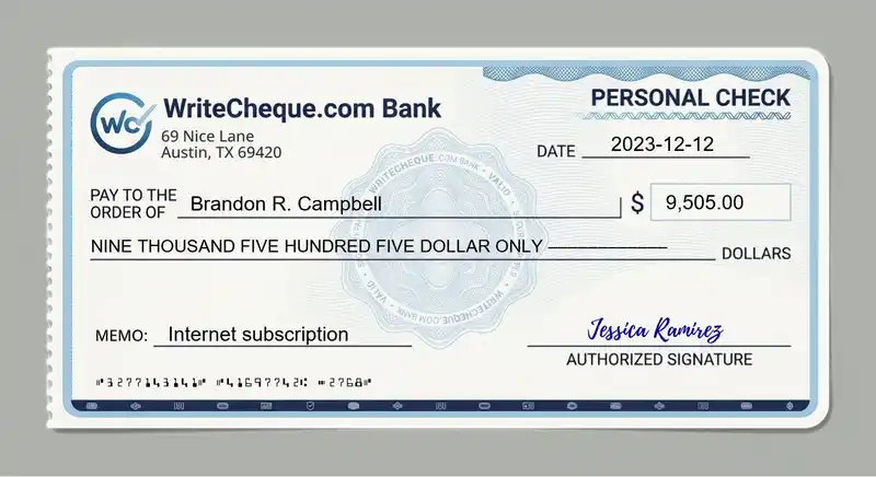 Cheque example for 9505