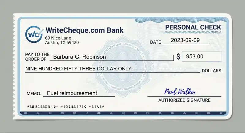 Cheque example for 953