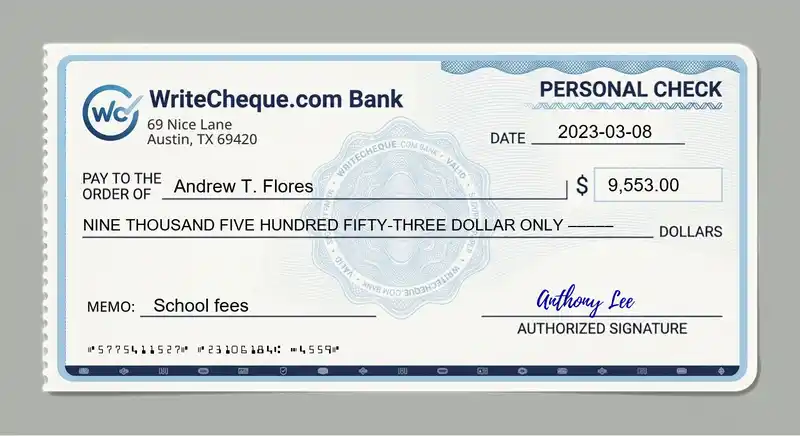 Cheque example for 9553