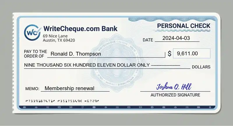 Cheque example for 9611