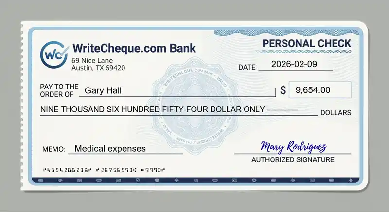 Cheque example for 9654