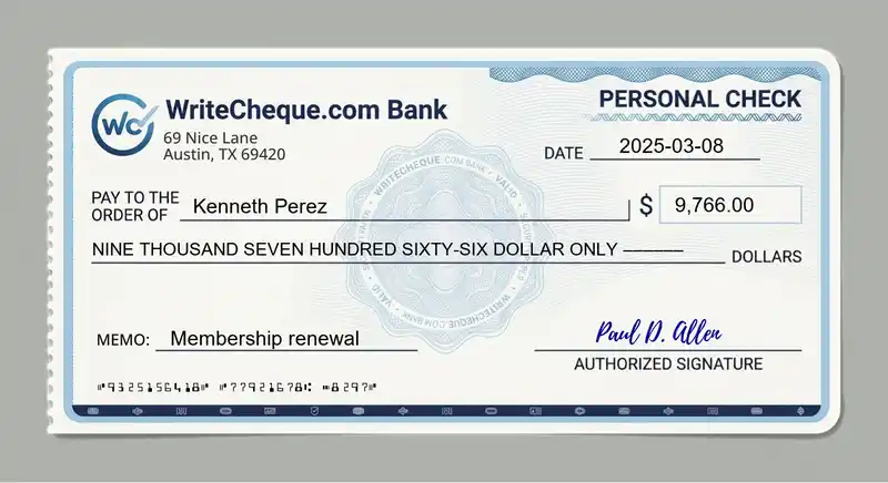 Cheque example for 9766
