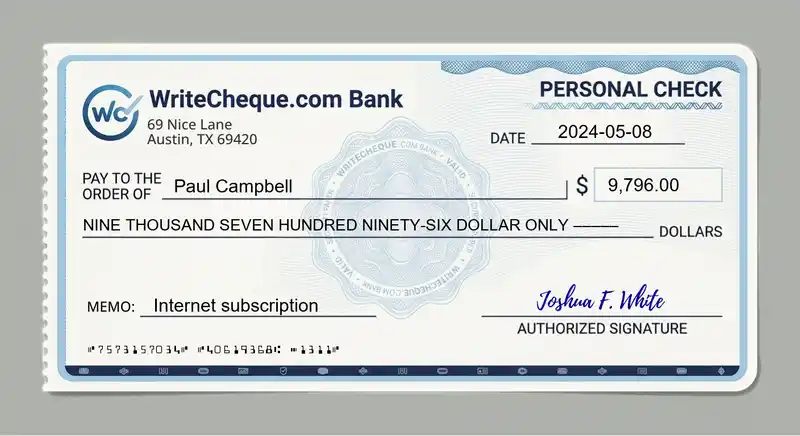 Cheque example for 9796