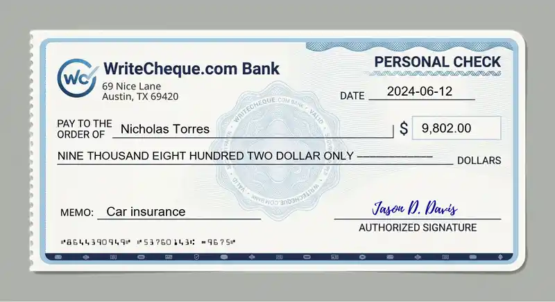 Cheque example for 9802