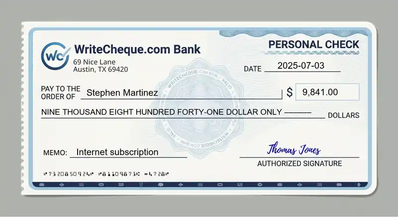 Cheque example for 9841