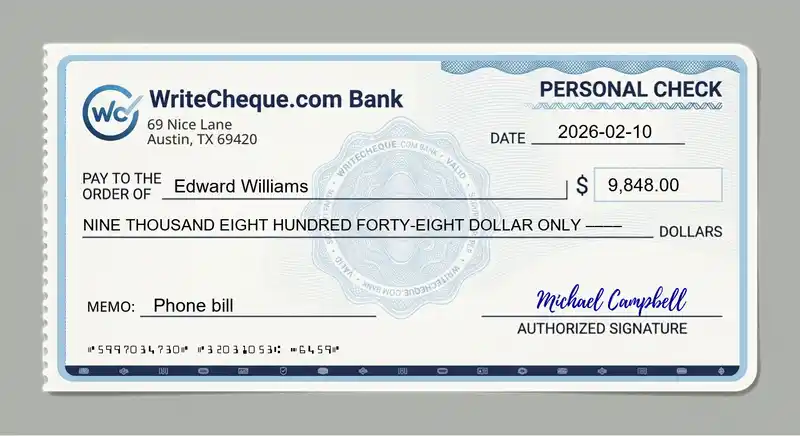 Cheque example for 9848