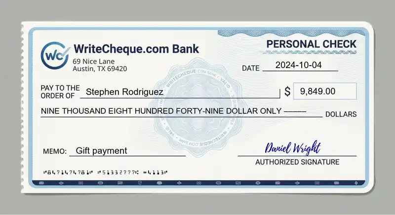 Cheque example for 9849