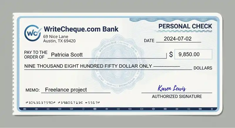 Cheque example for 9850