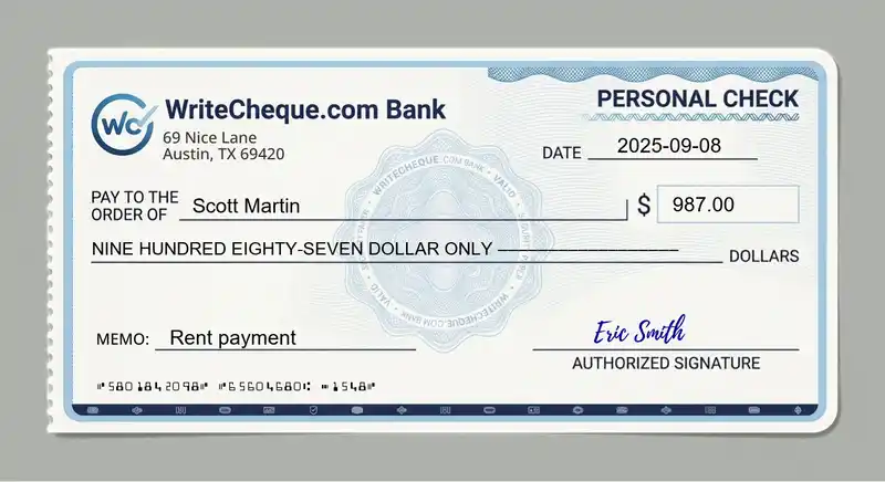 Cheque example for 987