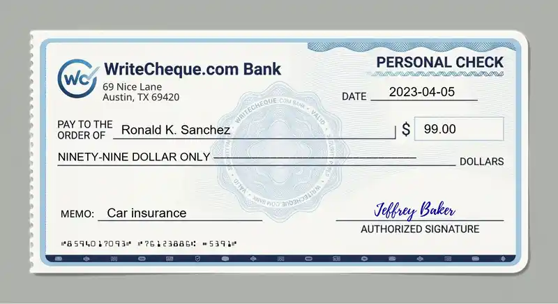 Cheque example for 99