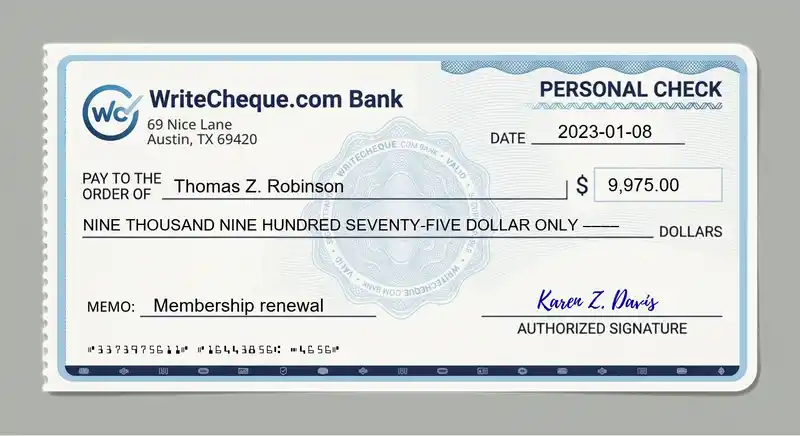 Cheque example for 9975