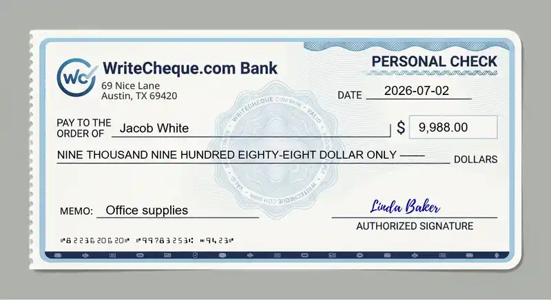 Cheque example for 9988