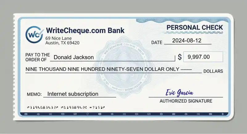 Cheque example for 9997